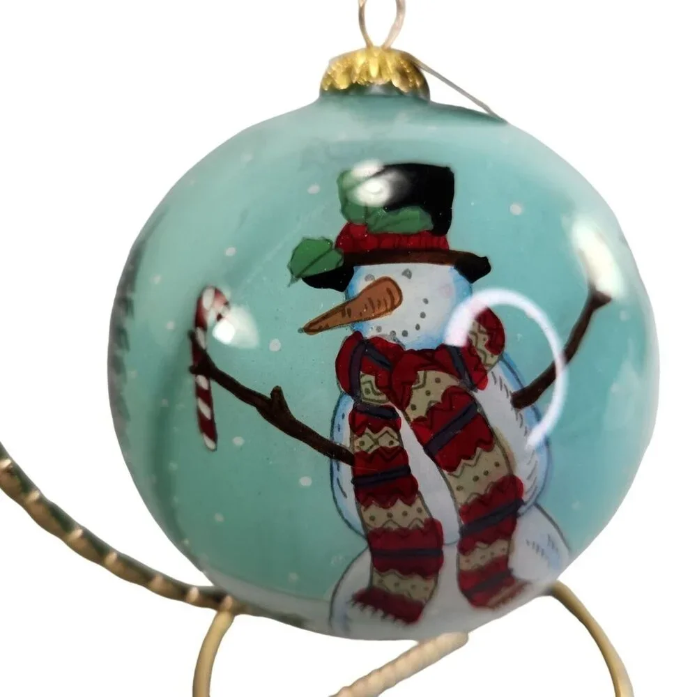 Pier 1 Li Bien Scenes‎ of a Snowman Ornament Round Handpainted Glass Xmas Box